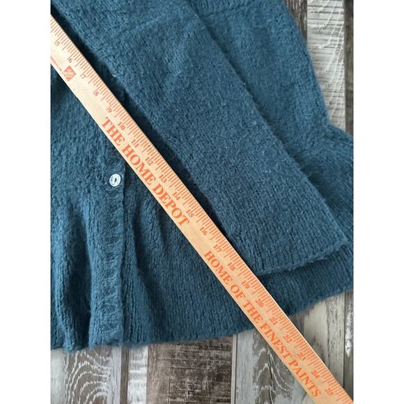 Free People Teal Ruffle Crochet Cardigan Wool Blend Sweater Medium Peplum Button - Picture 8 of 8
